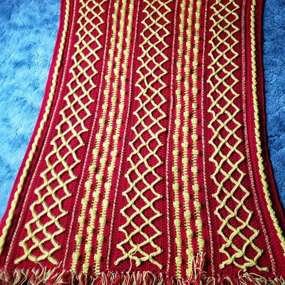 KakieQ Other - 🔥Fireside Fisherman Style Afghan w/Fringe Hand Crocheted In Red & Yellow